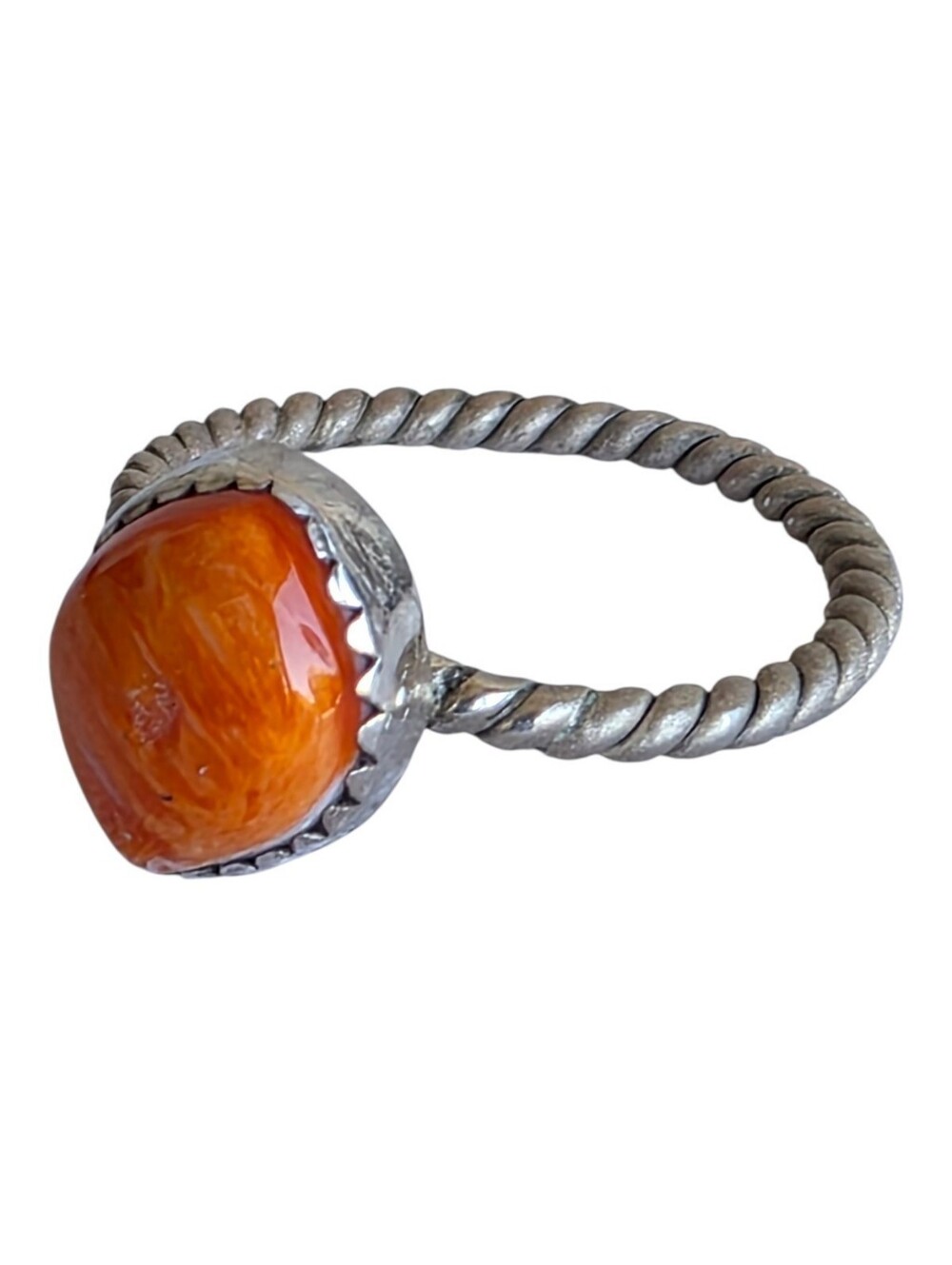 Sterling Silver And Orange Spiney Oyster Stone Twisted Band Ring Size 7.25
